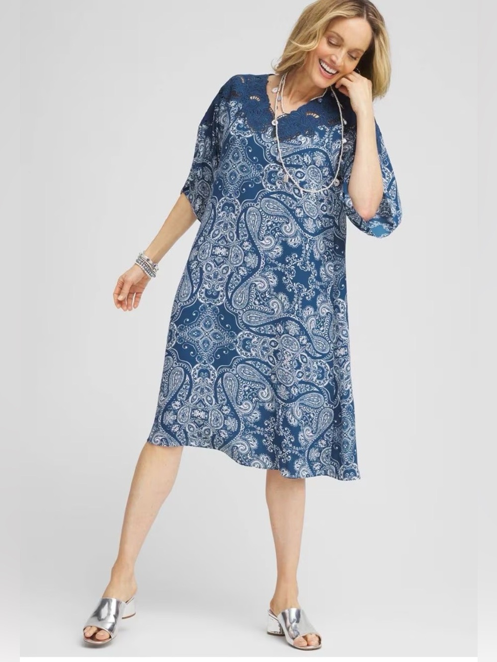 Chico’s Sz 16 (Sz 3) Dress Paisley Crepe Lace Neck Midi Blue NWT